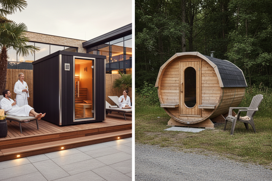 Side-by-side comparison of a fully insulated commercial mobile box sauna and a traditional barrel sauna for Irish businesses