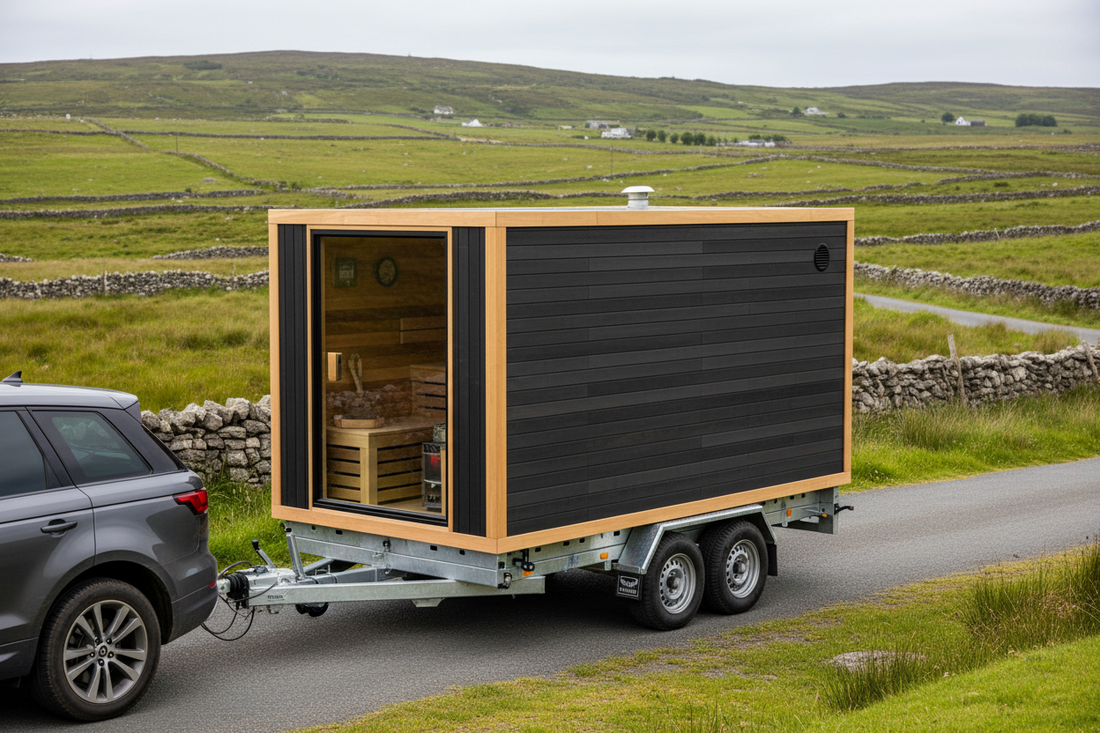 Van towing an Irish Sauna Company mobile sauna trailer on an Irish road