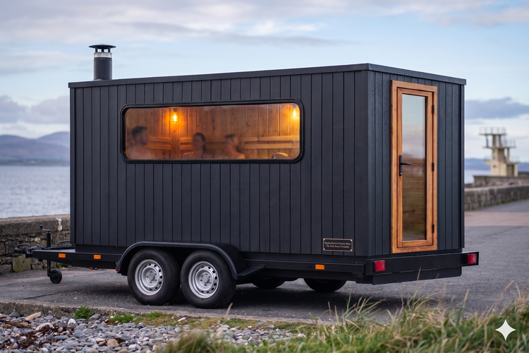 Commercial-grade mobile sauna trailer by The Irish Sauna Company, handcrafted in Mayo and pictured at Salthill, Galway