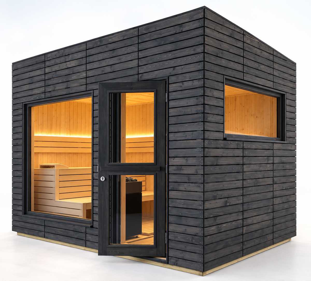 A modern wooden sauna cabin with dark charcoal gray horizontal siding, a black-framed glass door, and warm yellow interior lighting showing wooden benches inside, set against a clean white background.