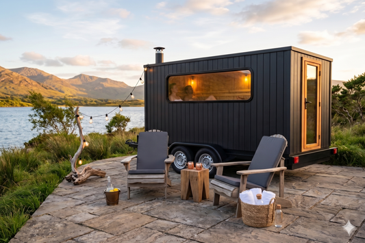 The Carra 6-8 person commercial mobile sauna on a twin-axle trailer, hand built in Mayo, Ireland.