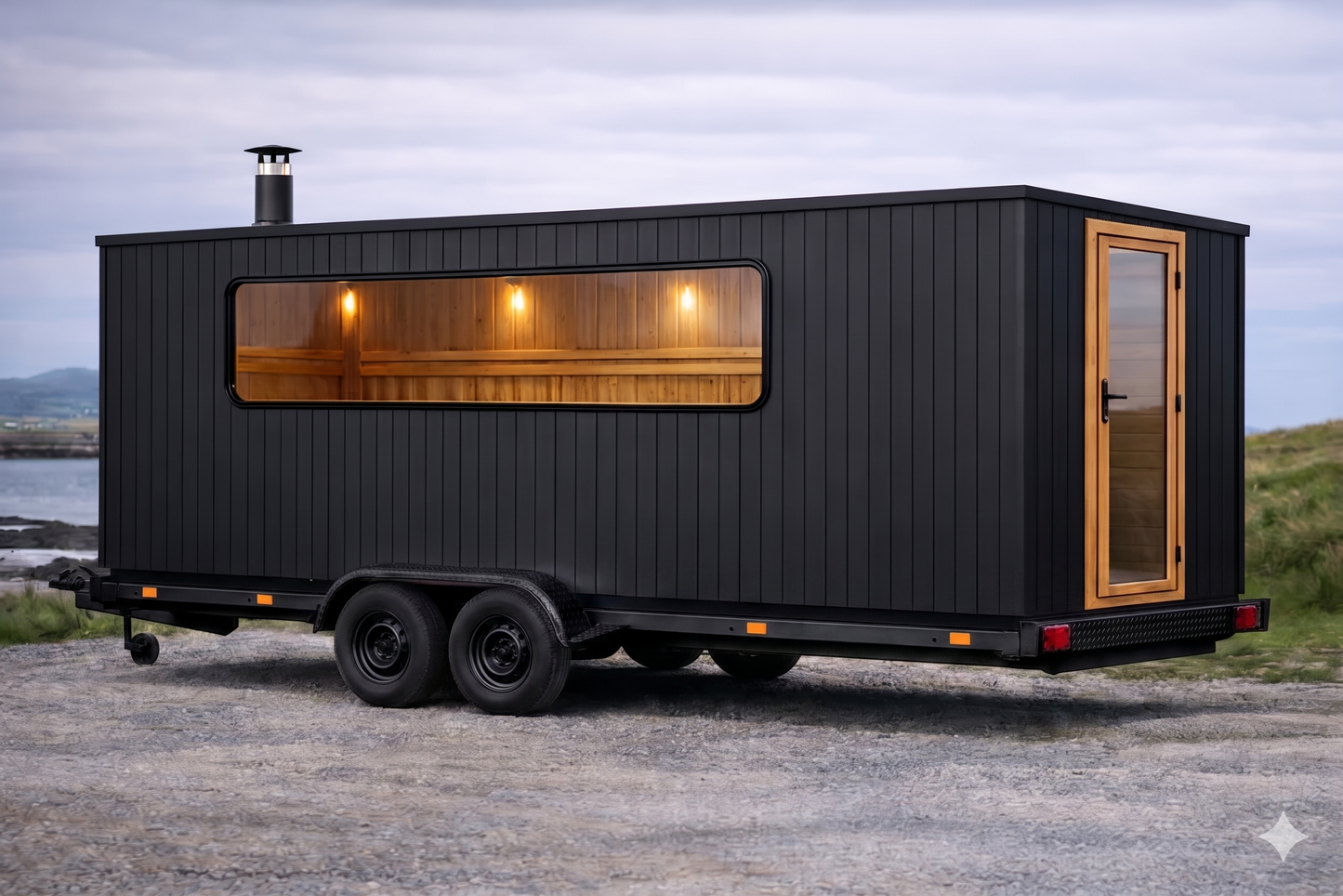 Interior of The Atlantic flagship Mobile sauna featuring multi-level Cedar or Alder benches and premium Nordic Spruce cladding.