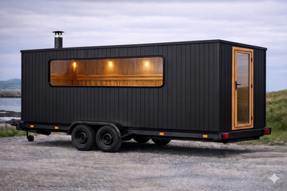 Interior of The Atlantic flagship Mobile sauna featuring multi-level Cedar or Alder benches and premium Nordic Spruce cladding.