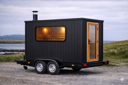Interior of The Corrib mobile sauna with Nordic Spruce cladding and handcrafted Cedar or Alder benches.